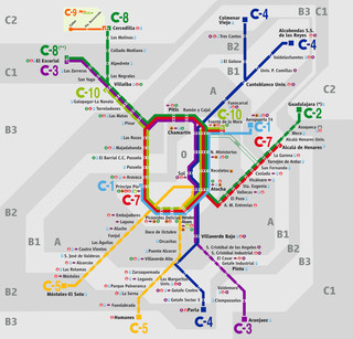 Carte du reseau RENFE de train de banlieue et cercanías de Madrid